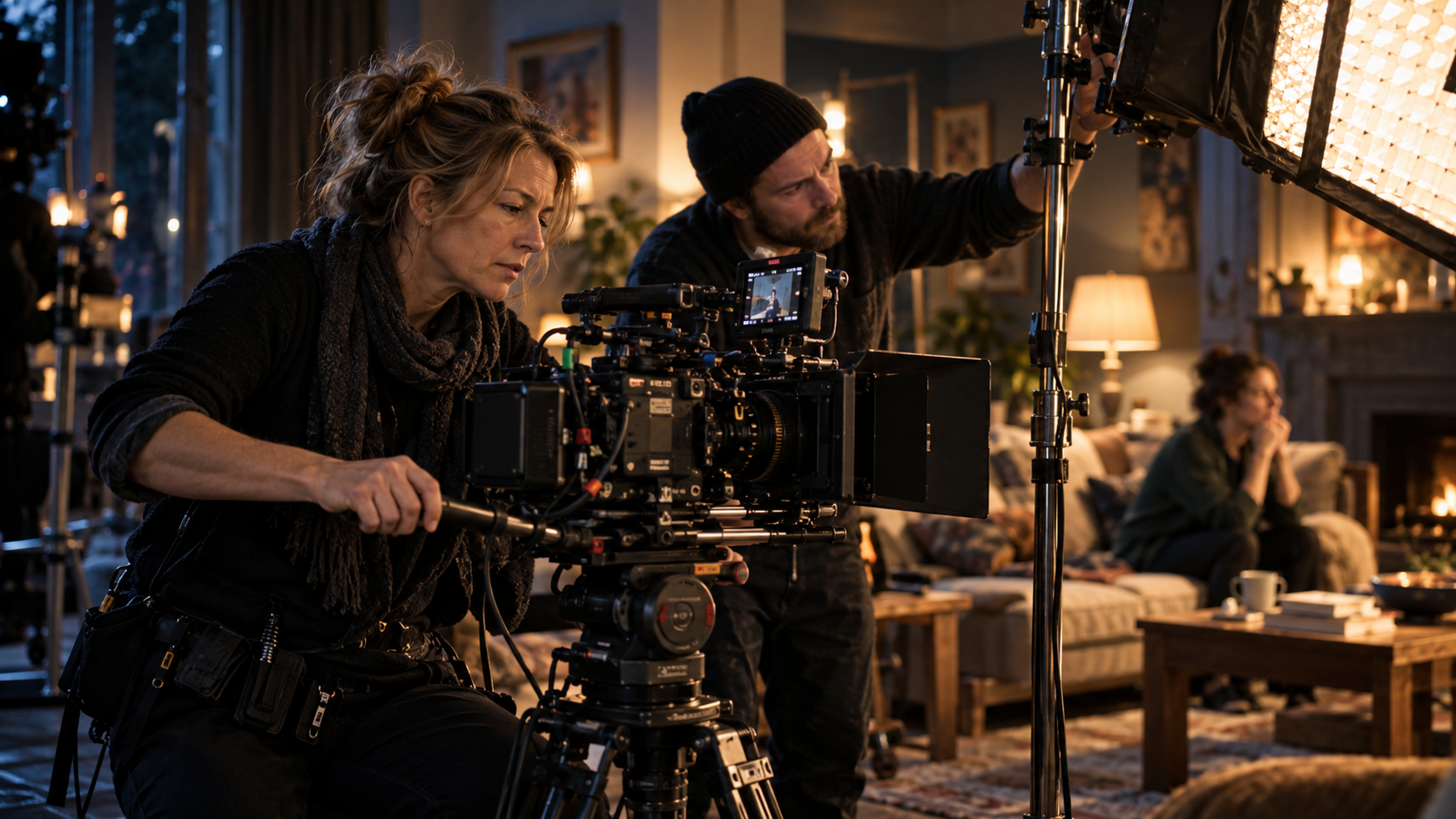 Camera crew preparing equipment on a warmly lit television set